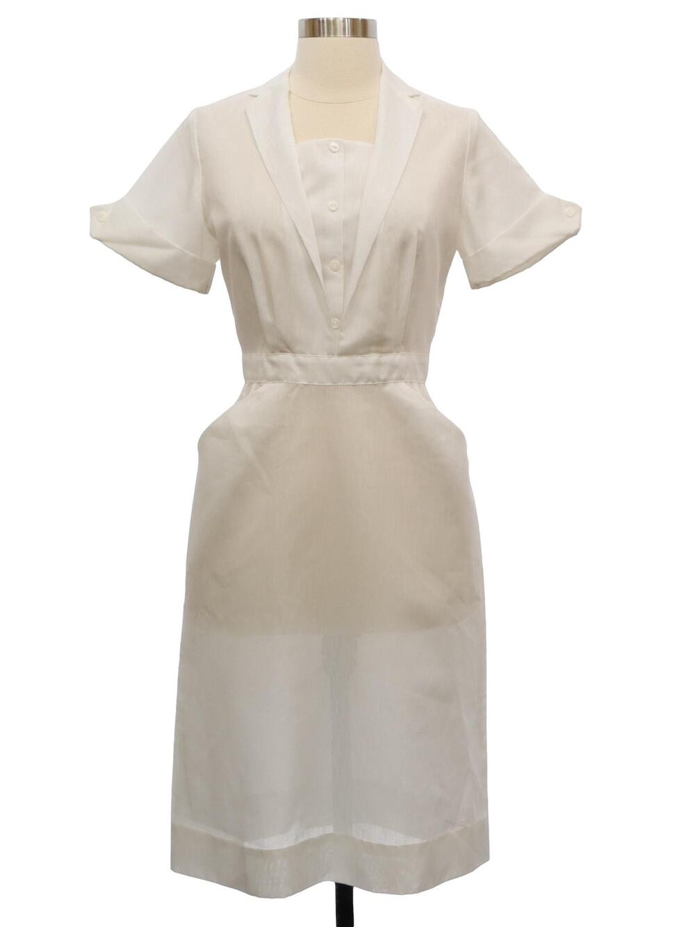 Vintage 1960s White Nurse Uniform Dress Nylon 34 Bust 26 Waist